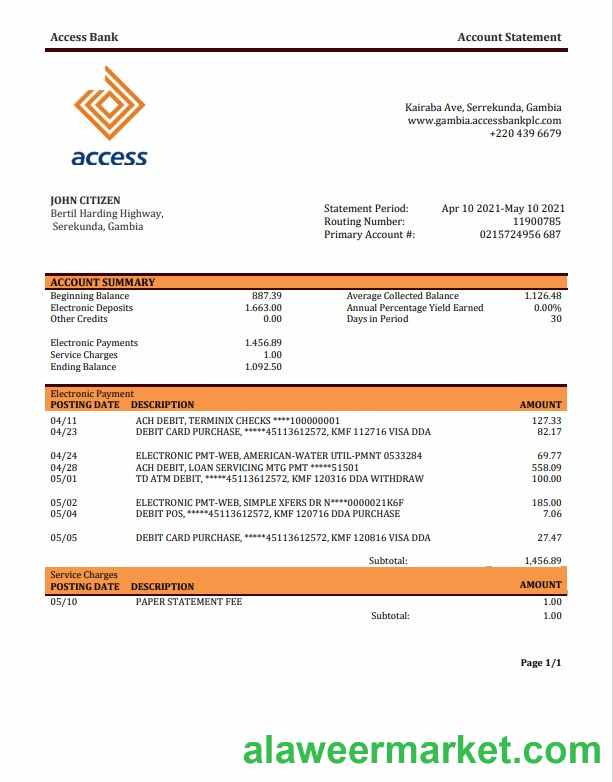 Gambia Access bank statement template, Word and PDF format